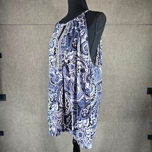 INC Women 3X Blue Paisley Beaded Keyhole Halter Tank Top